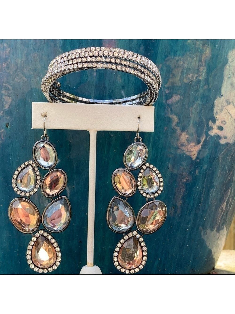 CZ wrap bracelet with smoky crystal rhinestone teardrop statement earrings set